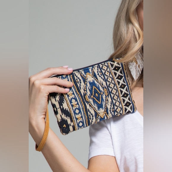 Handmade Hand Beaded Wristlet Clutch - Ethnic Inspired Design - Dyed Fine Cotton - Picture 5 of 7